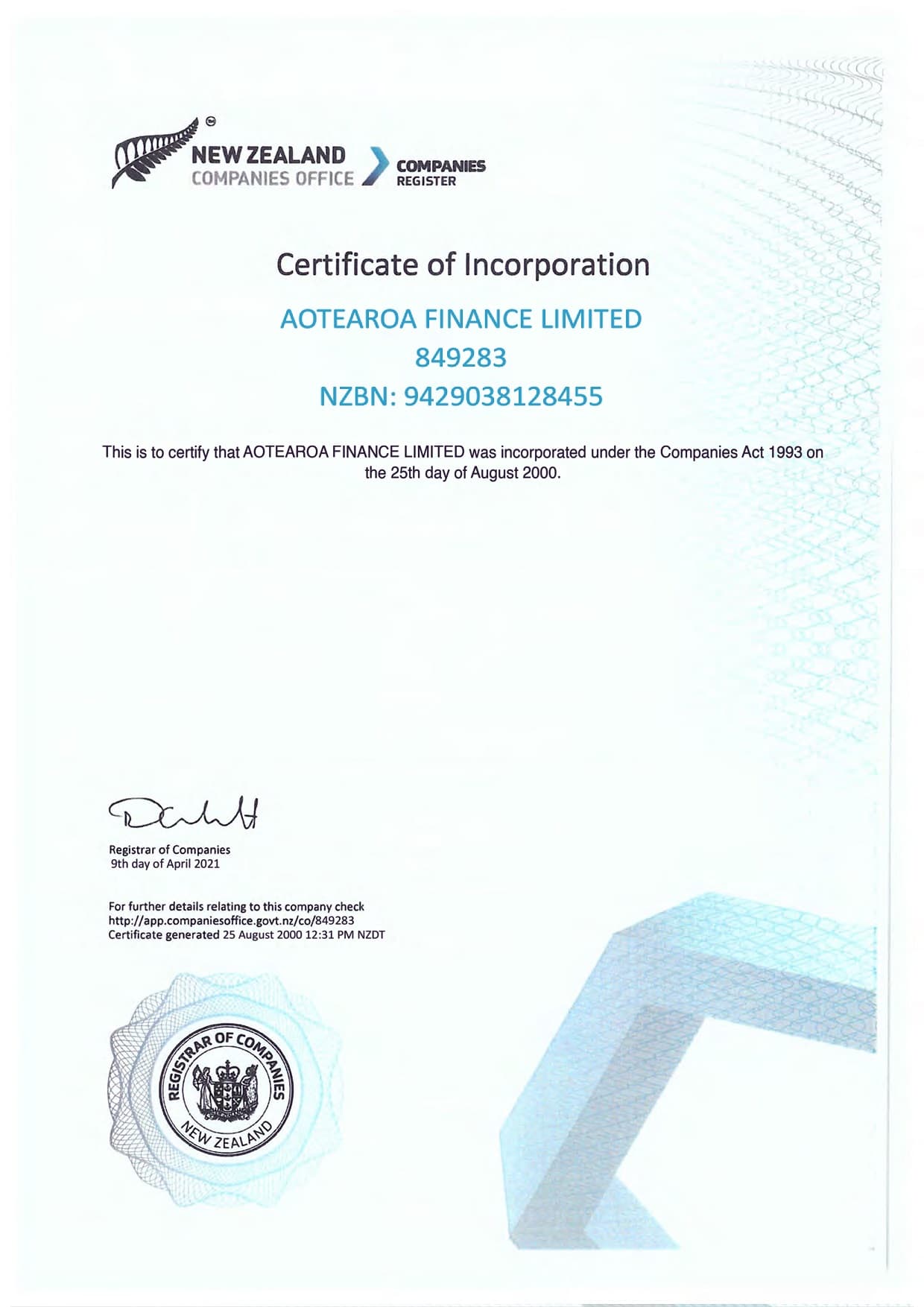 Aotearoa Finance Registration Certificate